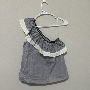 J. Crew One Shoulder Ruffle Top Striped Navy White Blouse Size 8 Nautical Beach
